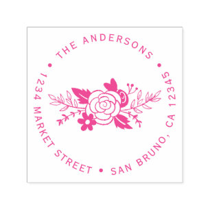 Tampon Auto-encreur Chic Fuchsia Roses Round Typography Adresse de ret