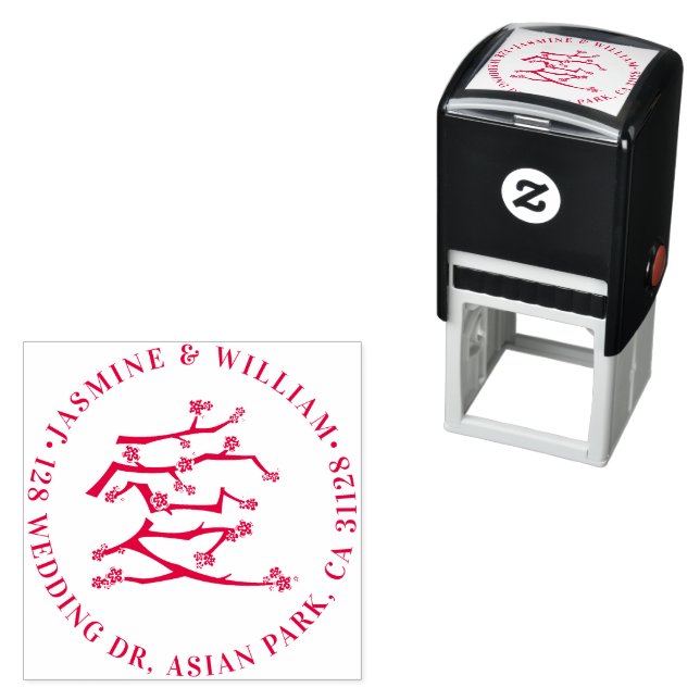 Tampon Auto-encreur Chinese Ai Love Red Cherry Blossoms Adresse de ret (En situation)