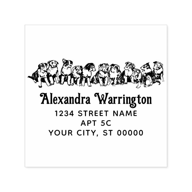 Tampon Auto-encreur Chiots mignons assis en ligne Nom Adresse de retou (Design)