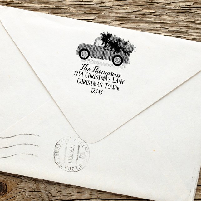 Tampon Auto-encreur Christmas Red Truck Adresse de retour personnalisé (Christmas holiday vintage red truck simple return address self inking stamp.)