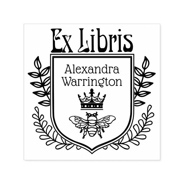 Tampon Auto-encreur Cimier botanique abeille avec Crown Ex Libris Nom  (Design)