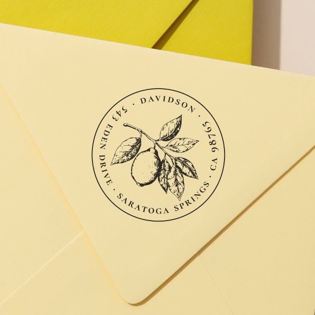 Tampon Auto-encreur Citron & Feuille Chic Botanique Round Adresse de r (Rubber Stamp Mock-up)