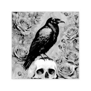 Tampon Auto-encreur Corbeau sur le crâne avec Roses