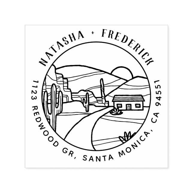 Tampon Auto-encreur coucher de soleil sur le désert | Rustic Cactus Ro (Design)