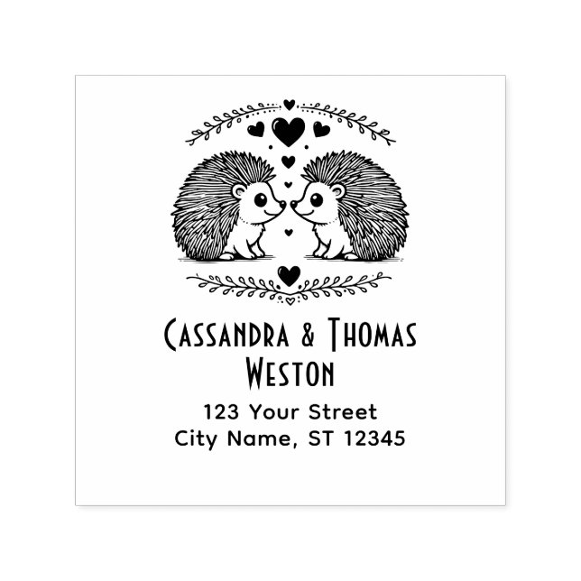 Tampon Auto-encreur Couple de Hérisson mignon dans l'amour Nom Adresse (Design)