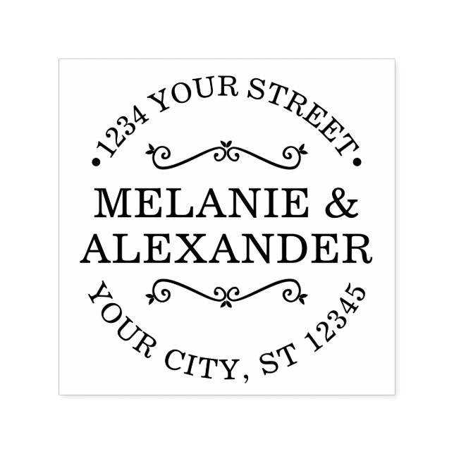 Tampon Auto-encreur Couple Mariage Ronde Nom Adresse de retour Monogra (Design)