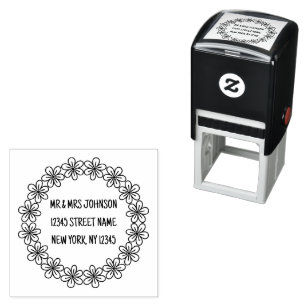 Tampon Auto-encreur Couronne de laurier florale ronde bordure adresse