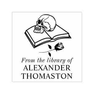 Tampon Auto-encreur Crâne gothique sur livre ouvert avec Rose S Nom de