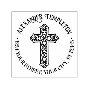 Tampon Auto-encreur Croix de nœud celtique Nom Adresse de retour Rond