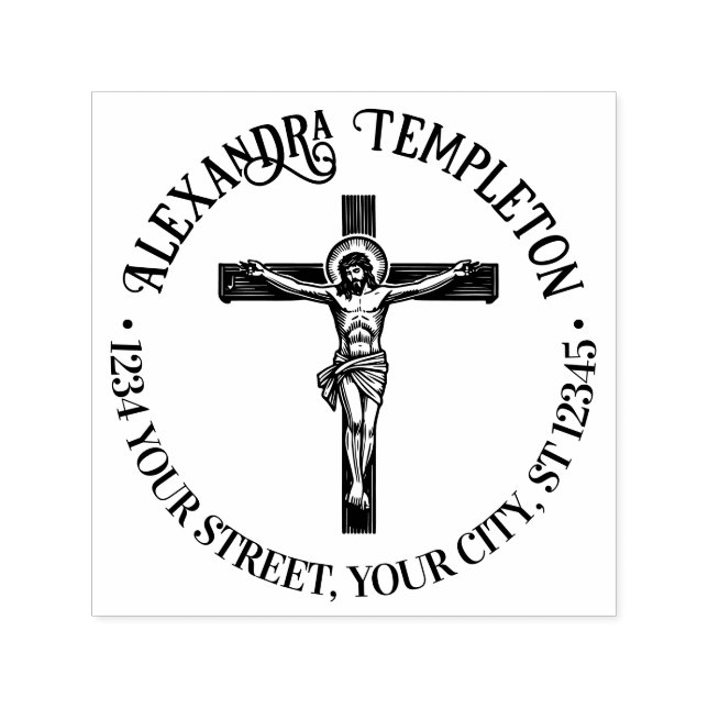 Tampon Auto-encreur Crucifixion Jesus on Cross Name Adresse de retour  (Design)