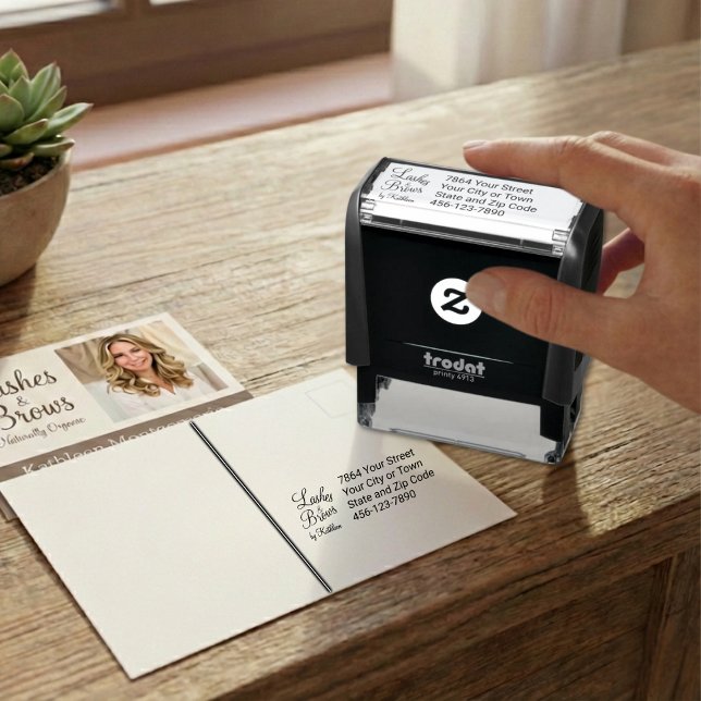 Tampon Auto-encreur Custom Script Lash Brow Studio Name Address Phone (Créateur téléchargé)
