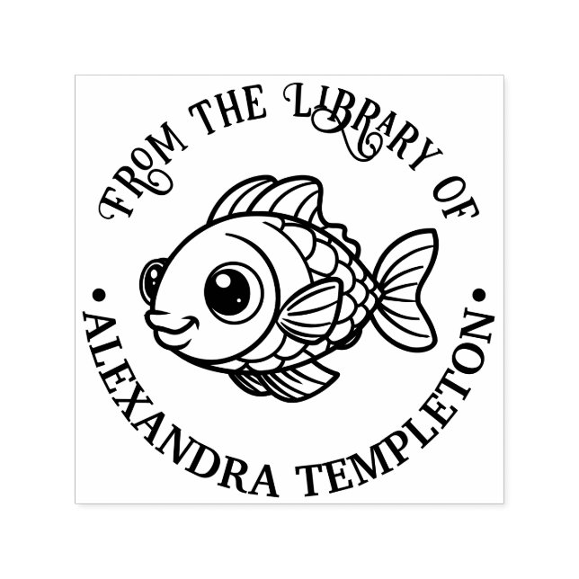 Tampon Auto-encreur Cute Cartoonish Puffy Fish Library Nom du livre (Design)