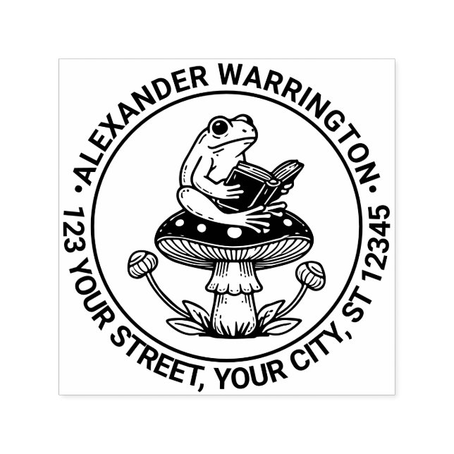 Tampon Auto-encreur Cute Frog sur Toadstool Lecture Nom Adresse de ret (Design)