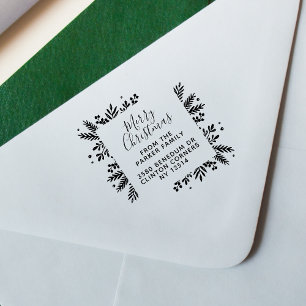 Tampon Auto-encreur Cute Merry Christmas Greenery Frame Return Address