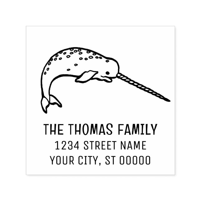 Tampon Auto-encreur Cute Narwhal avec Huge Horn Nom Adresse (Design)