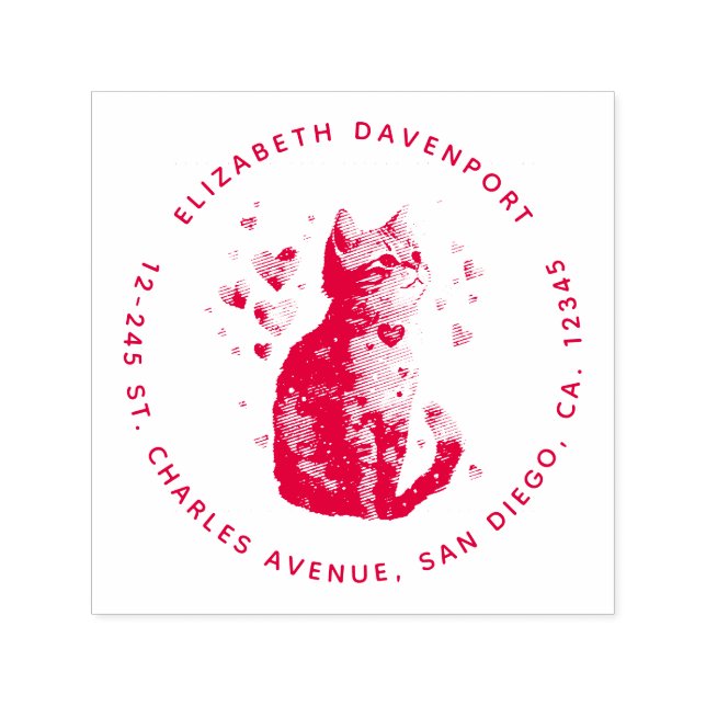 Tampon Auto-encreur Cute Tabby Chat avec Coeurs (Design)