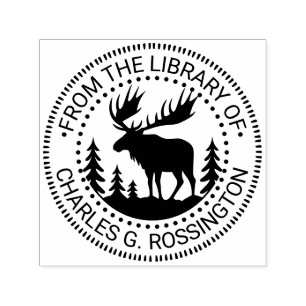 Tampon Auto-encreur Élan en silhouette de forêt Nom de livre de biblio