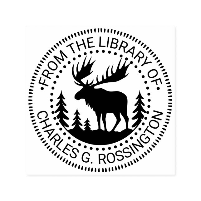 Tampon Auto-encreur Élan en silhouette de forêt Nom de livre de biblio (Design)