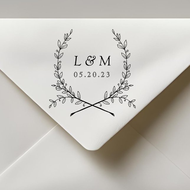 Tampon Auto-encreur Elegant Laurel Monogram Mariage Enregistrer la dat (Créateur téléchargé)