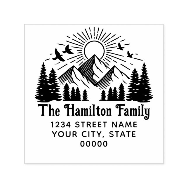 Tampon Auto-encreur Elegant Mountains Arbres Soleil Birds #2 Nom Adres (Design)