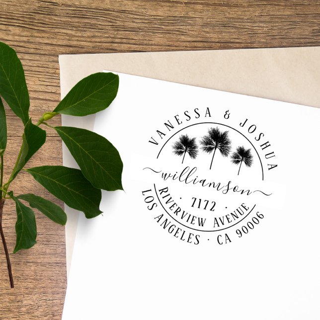 Tampon Auto-encreur Elégant Palm Trees Couple Family Adresse de retour (Elegant  Vintage Typography Palm Trees Tropical married couple / wedding return address stamp)