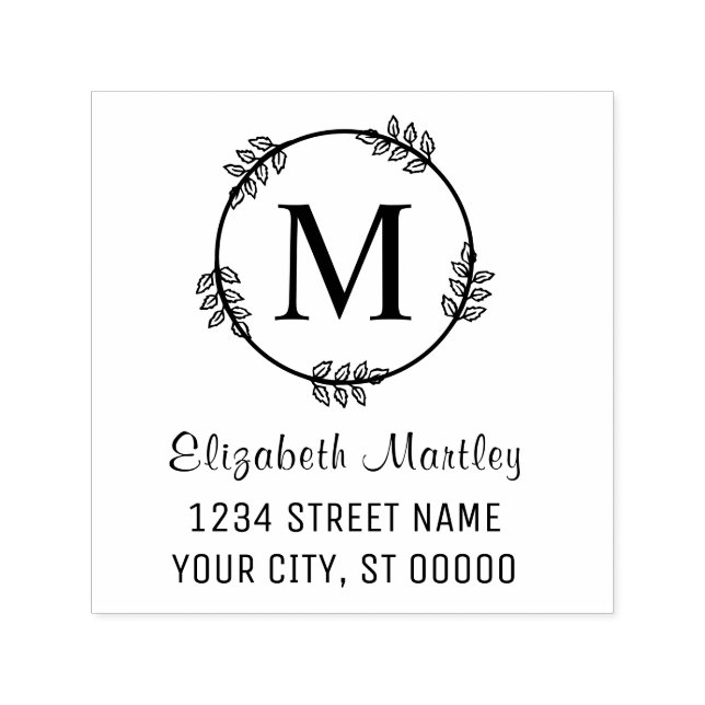 Tampon Auto-encreur Élégante couronne feuille Nom initial Adresse de r (Design)