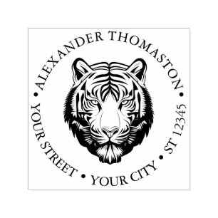 Tampon Auto-encreur Elégante Tiger Head #2 Round Name Adresse