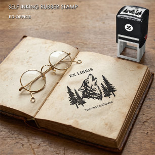 Tampon Auto-encreur Ex Libris Loup Hurleur dans les Bois Livre personn