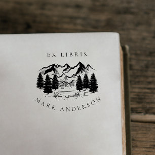 Tampon Auto-encreur Ex Libris Rustic Main-dessiné Mountain Nom personn