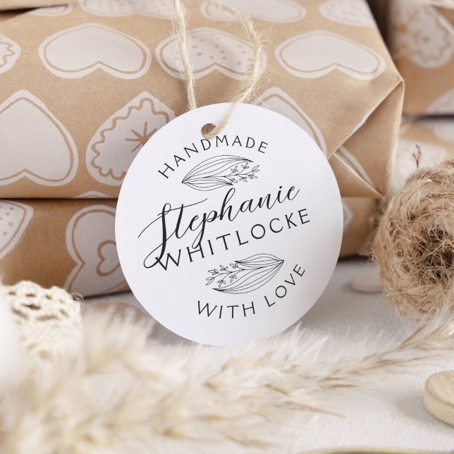 Tampon Auto-encreur Fait main avec amour | Rustic Sketch Feuille & Scr (Gift package with custom product tag, stamped with this design.)