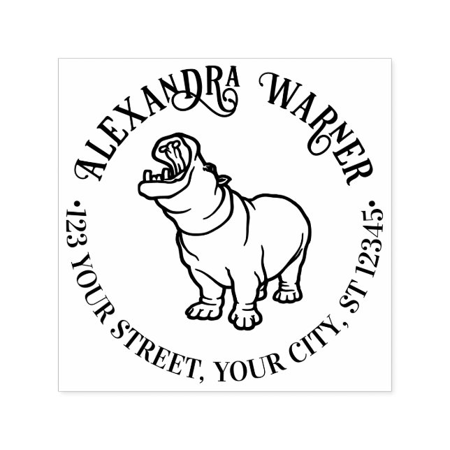 Tampon Auto-encreur Fierce Hippopotamus #2 Line Art Name Adresse de re (Design)