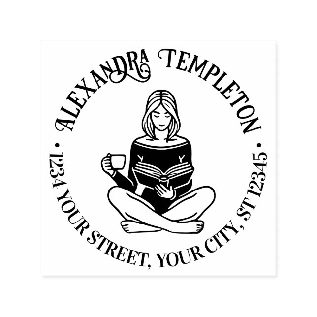 Tampon Auto-encreur Fille assise Croisée Légende Lecture #2 Nom Adress (Design)