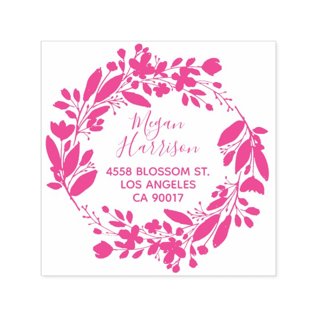 Tampon Auto-encreur Fleur couronne Cursive Fuchsia Adresse de retour (Design)