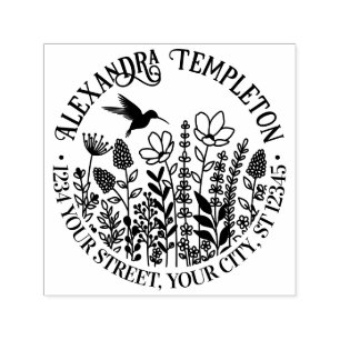 Tampon Auto-encreur Fleurs sauvages et colibris Nom Adresse de retour 