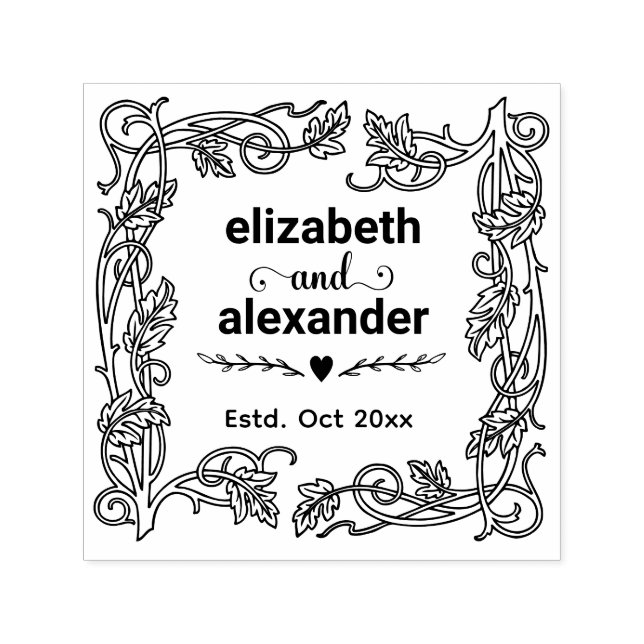 Tampon Auto-encreur Floral Frame Mariée Groom Noms Mariage Couple (Design)