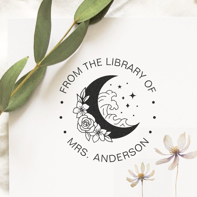 Tampon Auto-encreur Floral Moon Waves Professeur de bibliothèque de li (Créateur téléchargé)