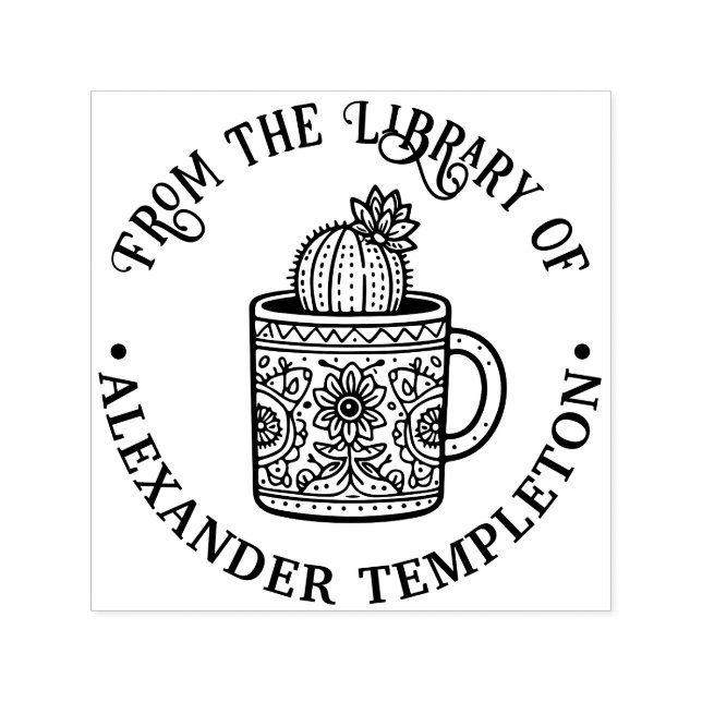 Tampon Auto-encreur Flower Cactus Café Cup #1P Library Nom du livre (Design)