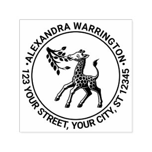 Tampon Auto-encreur Giraffe de bébé tacheté Manger feuille Nom Ret Adr