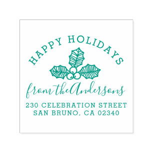 Tampon Auto-encreur Happy Holidays Holly Nom de famille et adresse de 