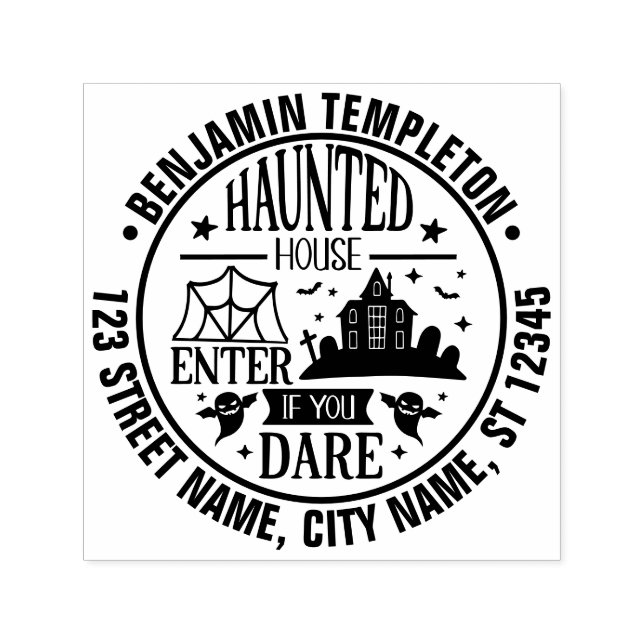 Tampon Auto-encreur Hauned House Spider Webs Ghosts Nom Adresse (Design)