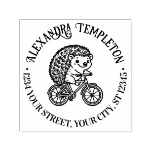 Tampon Auto-encreur Hérisson Mignon sur Vélo Nom Adresse de Retour 
