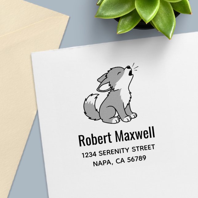 Tampon Auto-encreur Howling Gray Wolf Pup Address (Créateur téléchargé)