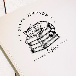 Tampon Auto-encreur Joli chat allongé sur une pile de livres Ex libris