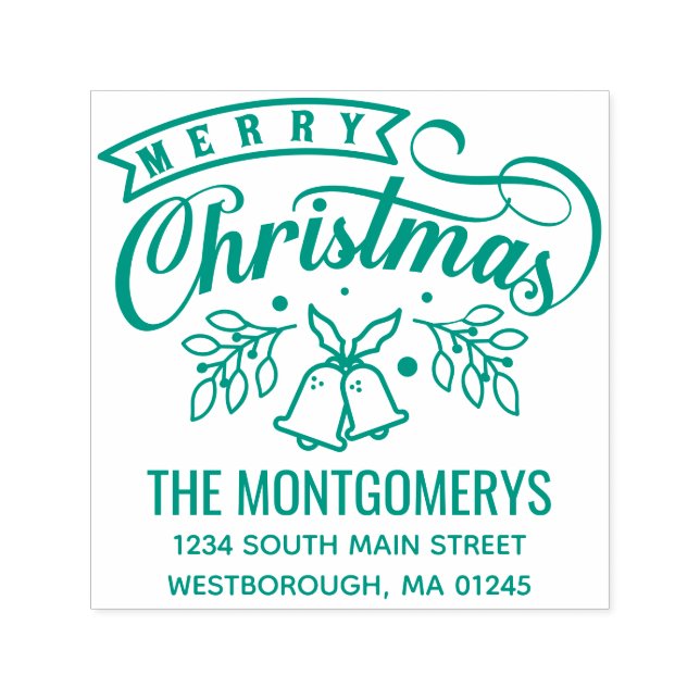 Tampon Auto-encreur Joyeux Noël Cloches Monogramme Nom Adresse de reto (Design)