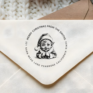 Tampon Auto-encreur Joyeux Noël Vintage bébé Elf en Père Noël Casquett