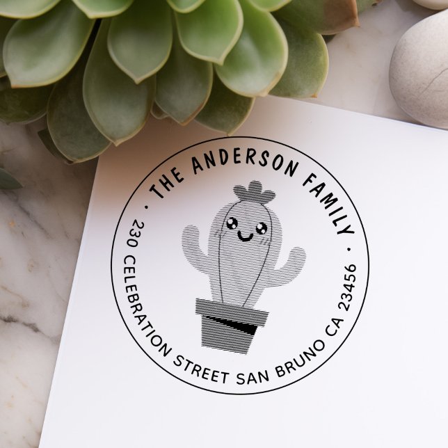Tampon Auto-encreur Kawaii Cactus Nom de famille et adresse de retour  (Créateur téléchargé)