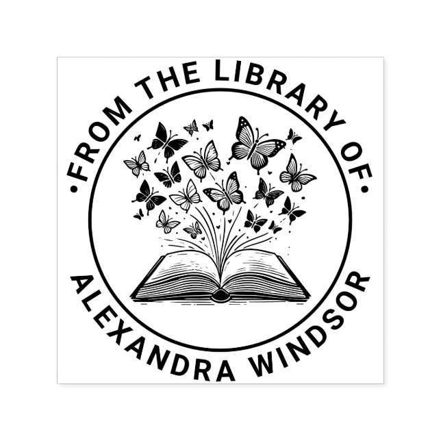 Tampon Auto-encreur Livre avec papillons #2 Nom du livre de bibliothèq (Design)