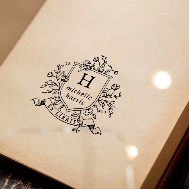 Tampon Auto-encreur Livre personnalisé avec monogramme ancien blason E (Créateur téléchargé)