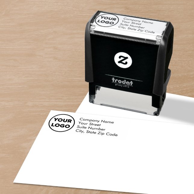 Tampon Auto-encreur Logo de société personnalisé avec adresse de retou (Custom Business Company Logo Return Address Self-inking Stamp in situ)