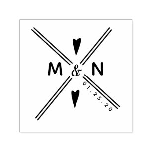 Tampon Auto-encreur Logo du mariage Heart Cross Line Art Couples Nom